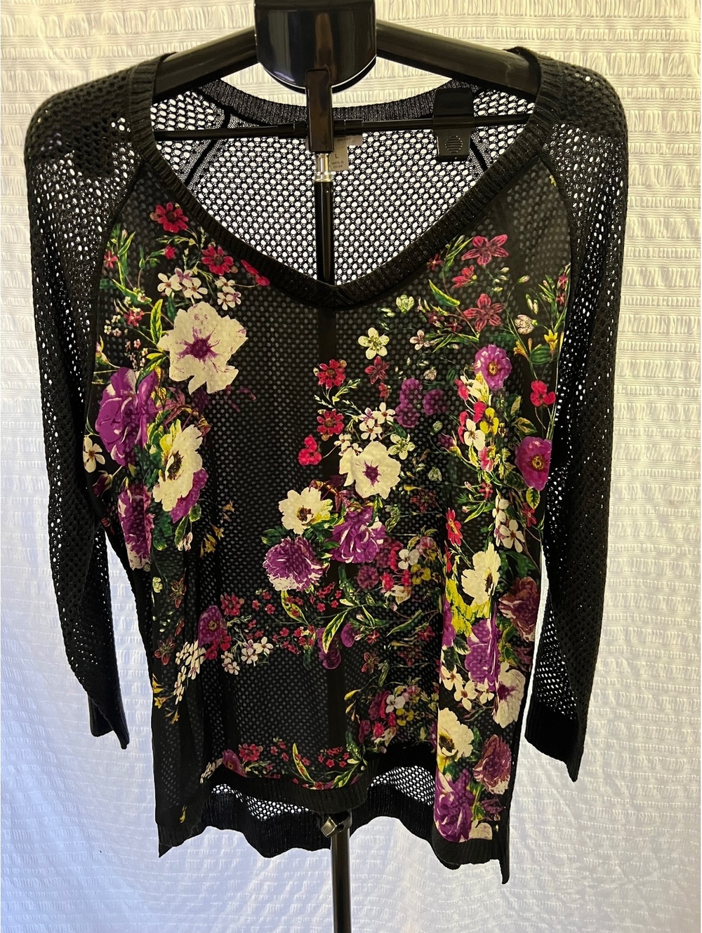Y2K Bisou Bisou Black Mesh Floral Print Open Knit Sweater Size L